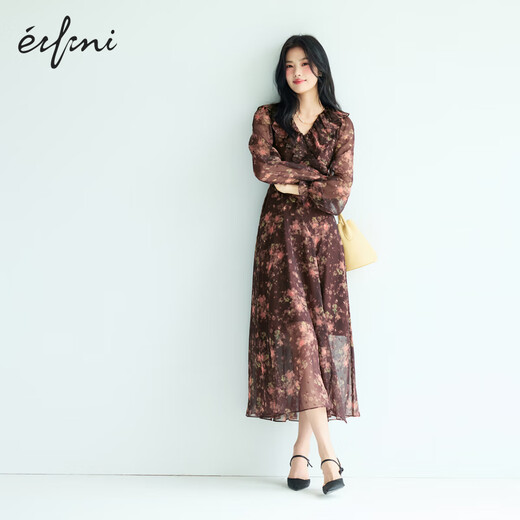 Evely looks slim and slanted silk style V-neck ruffle front slit design versatile dress 2025 autumn new style autumn dye brown M 105-115Jin [Jin equals 0.5 kg]