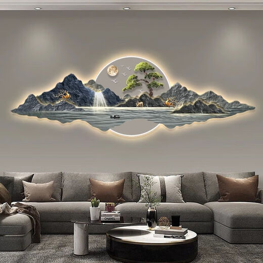 时鸟流水生财山水画新中式客厅装饰画沙发背景墙挂画大气茶室壁饰 13548 210*70精雕晶瓷画-无灯款
