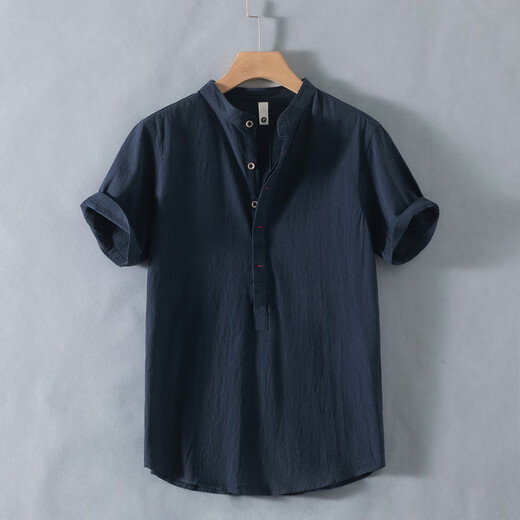 Muji superior product Henry collar linen short-sleeved shirt men's collarless men's cotton and linen shirt t-shirt top polo Muji superior product RC210 black 4XL