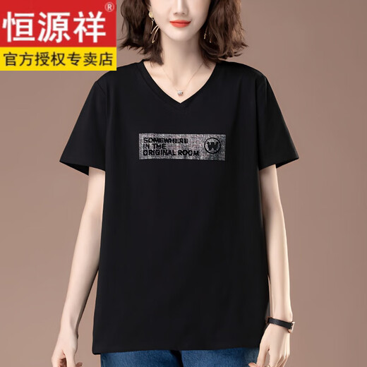 恒源祥V领宽松t恤夏装新款中年妈妈洋气短袖上衣大码女装胖mm显瘦潮 9923酒红色长袖 L 适合体重105-119