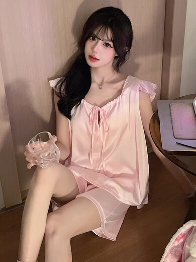 Modal Ice Silk Pyjamas für Frauen im Sommer 2025 Neue Xiaofei-Manschettenkissen High-End-Frauen mit großer Ärmeln Home Clothing JDX_9227# Weste Cover rosa (mit fester Brust 1 xl