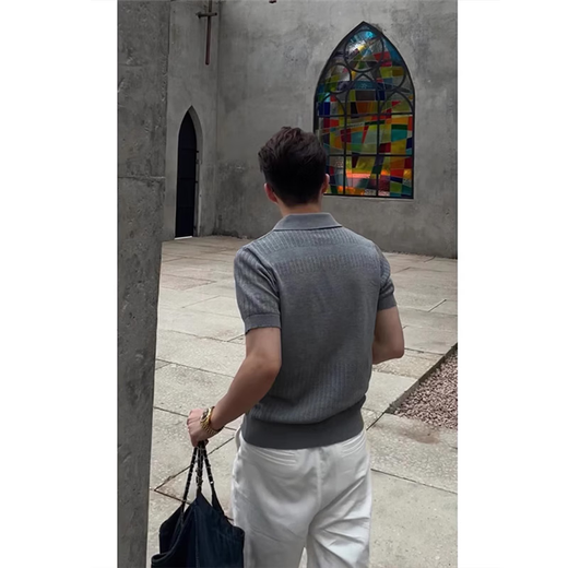 Jufeng old money style Henry collar knitted Polo shirt short-sleeved men's summer heavy lapel shoulder T-shirt American retro half-sleeved black M (suitable) 100-115Jin Jin equals 0.5 kg