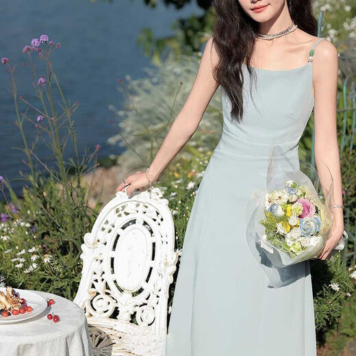 Muni blue suspender dress for women in summer with cardigan, French retro chic, beautiful, slim, pure lust, high-end two-piece set M