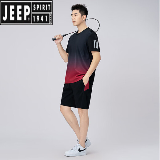 Jeep Spirit Quick Dry Sports Set Herren Badminton Kleidung plus Fett plus großer Sommer Casual Lose Laufen Kurzarm zwei Keule-Blau 9902 L 90-110jin [Jin gleich 0,5 kg]