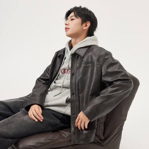 Gxg.jeans men's two-color retro pu leather American simple jacket for boys 25 autumn new arrival dark brown L (175)