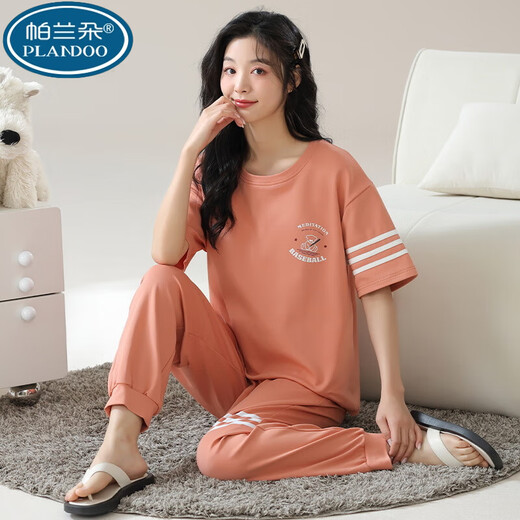 帕兰朵100新疆棉睡衣女短袖长裤夏季韩版女士圆领套装薄款全棉外穿家居 RN9712#短袖长裤 纯棉 M (80-100斤)