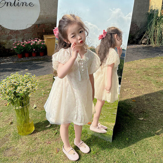 纷资言女童连衣裙2025新款宝宝旗袍夏季公主裙中式国风礼服夏装裙子 ZX6629米杏色 90