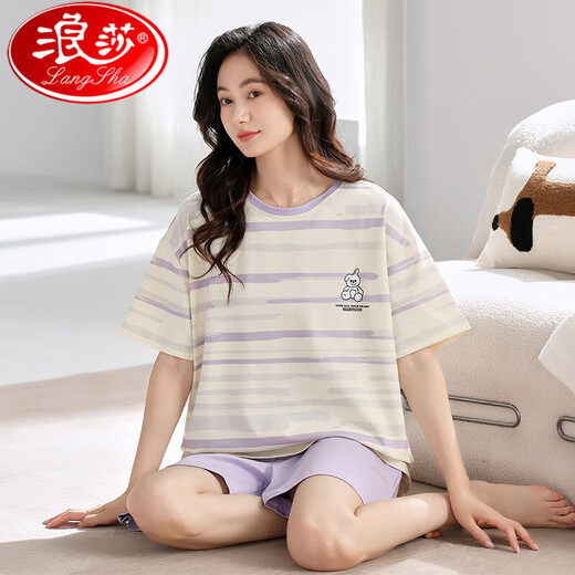 浪莎（LangSha）睡衣女士夏季纯棉2025新款夏天休闲条纹短袖短裤两件套家居服 LS-YZT9848灰黑条 短 裤套装 M 建议80-95斤