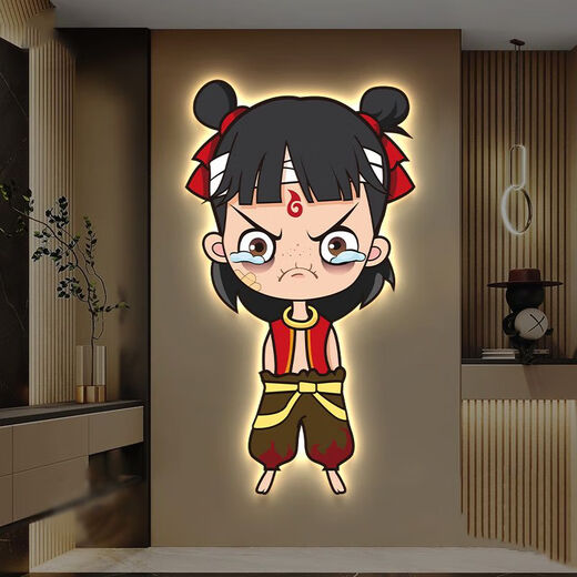 溥畔客厅玄关卡通哪吒精雕装饰画走廊过道背景墙温馨暖光壁灯挂墙灯画 SHE1591 竖版100*180cm灯暖光