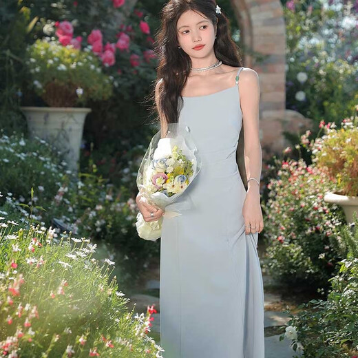 Muni blue suspender dress for women in summer with cardigan, French retro chic, beautiful, slim, pure lust, high-end two-piece set M