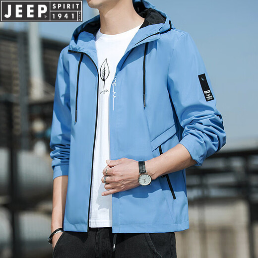 JEEP SPIRIT连帽薄款夹克205春秋青年短款外套纯色休闲上衣 K12131黑色 M 【建议100-110斤】