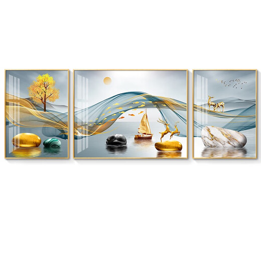 现代简约客厅装饰画沙发背景墙壁画大气轻奢三联画挂画镶钻晶瓷 HJ-3893-一帆风顺 两边70*90中间140*90尊贵黑框镶