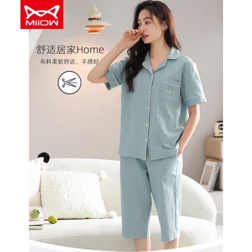 Catman Miiow Pajamas para mujeres en el cárdigan casual de verano traje de pantalones delgados de manga corta para damas de verano MNQ9898#nxf l [sugerencia-120jin [Jin es igual a 0,5 kg]]]