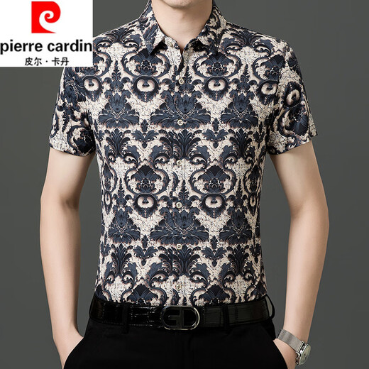 皮尔卡丹（pierre cardin）夏季新款冰丝短袖花衬衫男高级感免烫抗皱休闲印花衬衣中年爸爸装 9898黑色 L 170【120-140斤】