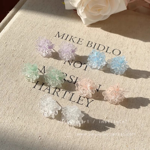 Colorful ice transparent flower earrings for women, sweet, fresh and high-end earrings, high-looking and versatile earrings, blue ice transparent flower, 1 pair