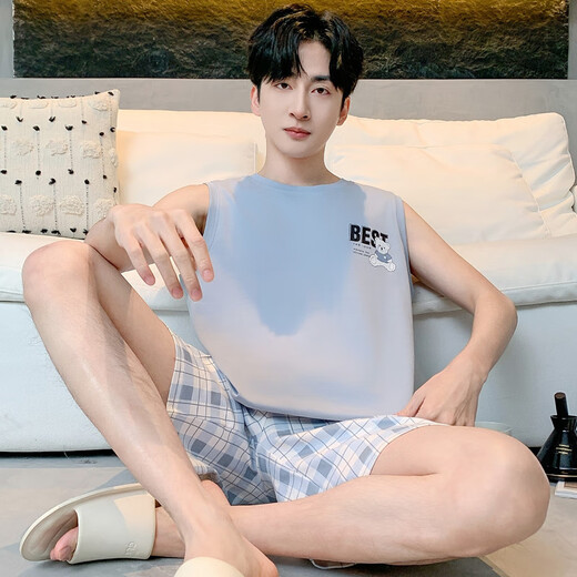 霖曼柔男生睡衣夏季薄款无袖青少年男孩学生休闲加大码可外穿家居服套装 OMM13063 L