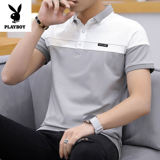 Playboy (PLAYBOY) summer short-sleeved T-shirt for men's business casual lapel polo shirt men's half-sleeved pure cotton clothes youth trendy T-shirt 1301 gray M 90-105Jin[Jin equals 0.5 kg]