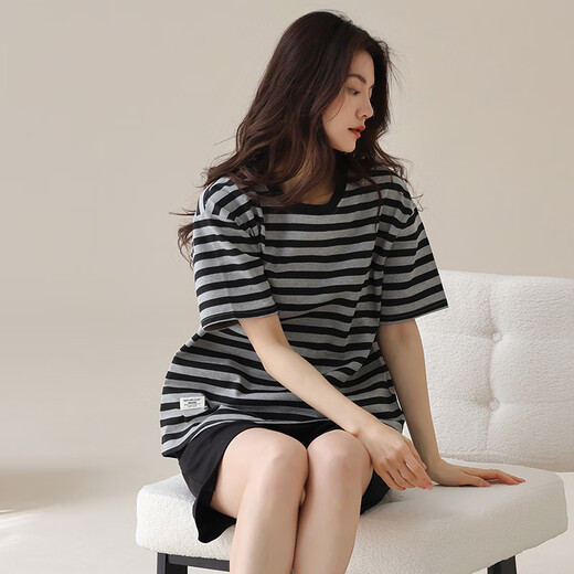 Pang Donglai DL Same style 2025 PAJAMAS POUR FEMMES EN SUMPRE CHEPAGE CORÈS DE COURRES POUR LES STRIPES NOIRS À PORTER AUTOBLES AUTUMES DE MAISON IMPILE YZT9859_SET 3XL_SUGSETED 150-170JIN [Jin est égal à 0,5 kg]