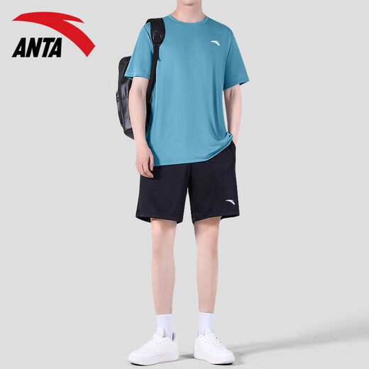 
Anta (ANTA) sports suit men's summer loose breathable short-sleeved T-shirt for five-quarter pants ice silk quick-drying clothes running fitness casual clothes - 3 bean gray/basic black (top + shorts) L/175