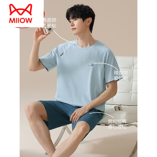 Catman (MiiOW) high-end pajamas for men pure cotton short sleeves can be worn in summer for casual shorts thin men's cotton home clothing set 16759 XXXL (Suggested 145-175Jin [Jin equals 0.5 kg])
