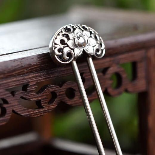 KZD Old Phoenix 999 sterling silver distressed hairpin Chinese retro style hollow peony hairpin pattern Hanfu tied hair headdress retro U-shaped peony.