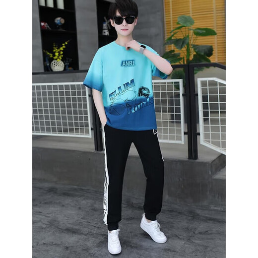 巴拉巴拉夏季青少年短袖t恤男孩衣服高中初中学生大童夏装帅气运动套装潮 蓝色 套装TZ9226款 165 165 S【60-75斤】