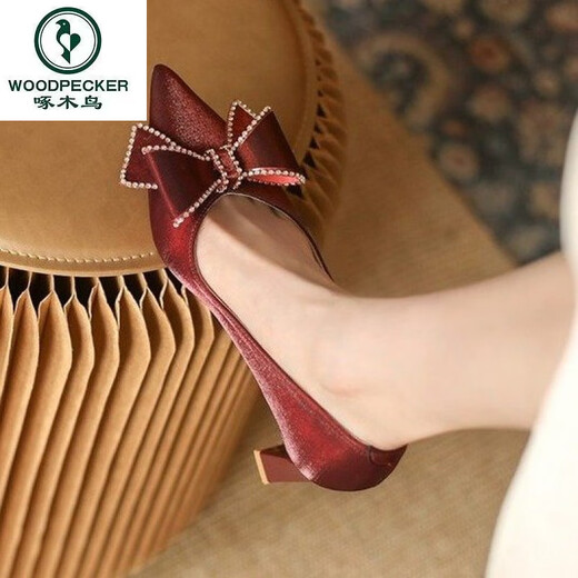 Specht Strass-Bogenhoch Heels Frauen 2025 Neue dicke Ferse Hochzeitsschuhe Haupthochzeitskleid Spitz Zeh Leichte Mund Single-Schuhe Brautjungfern Schuhe im Falle 38 38