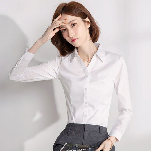 Weißes V-Ausschnitt-Shirt für Frauen 2025 Frühling und Herbst Neue professionelle formelle Verschleiß-Interview Workwear Work-Shirt No Iron Top 6212 Weiß [V-Ausschnitt] Langarm M empfohlen [95-105jin [Jin gleich 0,5 kg]]