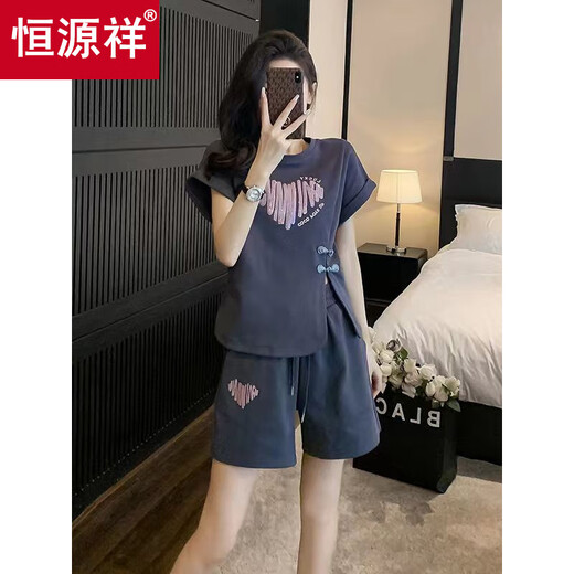Hengyuanxiang new Chinese suit for women 2025 summer new style button Chinese style casual sportswear printed shorts shorts two-piece set dark gray S