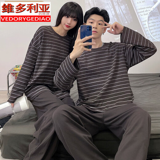 Victoria's style couple pajamas for spring and autumn new long-sleeved cotton men and women casual striped home clothes two-piece set #XF-15568 M women [75-100]Jin[Jin equals 0.5 kg]