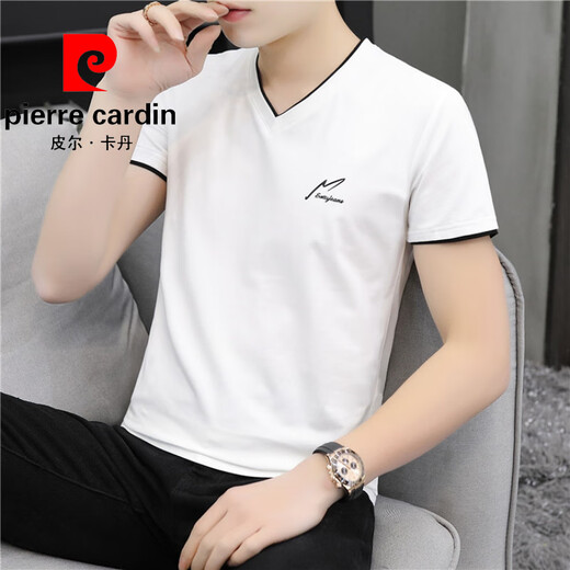 皮尔卡丹（pierre cardin）2025夏季棉质V字领短袖男t恤鸡心领潮牌休闲半截袖简约纯色上衣服 黑色 QY659 M