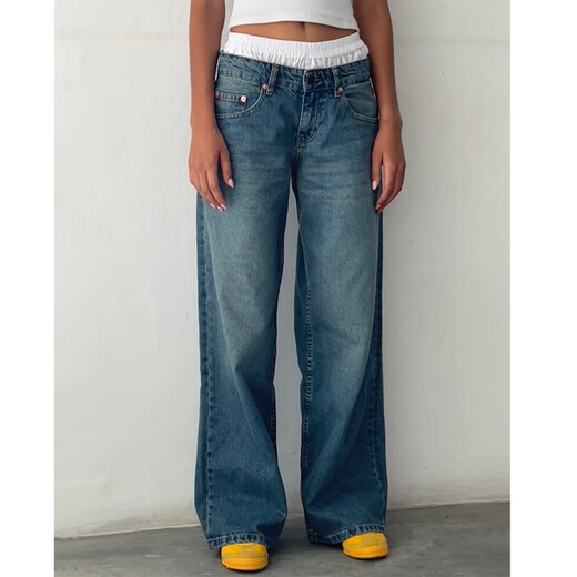 
SAKENMAO American retro low waist non-elastic wash straight jeans for women in autumn street wide-leg denim women's pants 12176 Academy Blue L