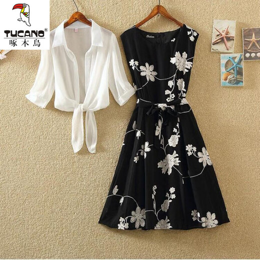 
Woodpecker Dress Set for Women's Summer New Retro Printed Little Black Skirt High-waisted Sleeveless Slim A-line Skirt Two-piece Top + White Printed Dress XL