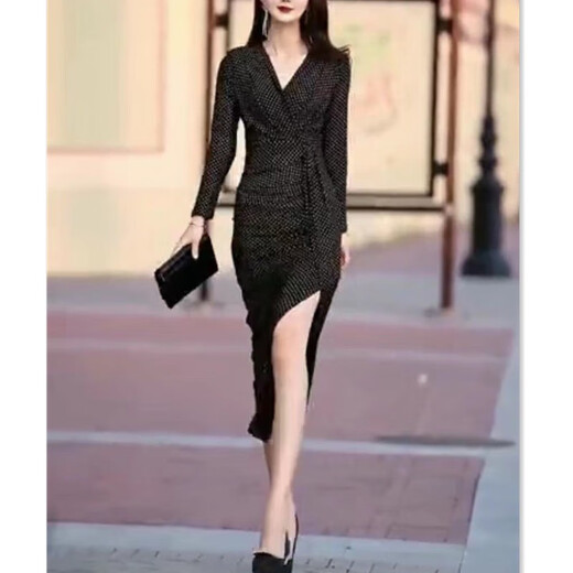 
FHHUABD9926 Da Aimei Yiyuan 2025 Spring New Dress V-neck Slim Hip Slit Slit Skirt Mid-length Women's Skirt Black Dress M