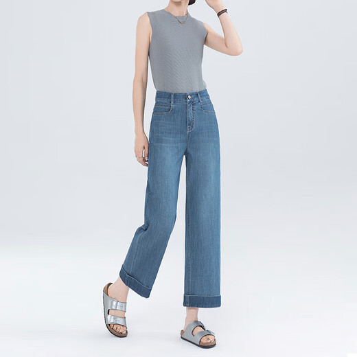 Tennis nine-point straight jeans for women in summer new casual pants, small loose and slim high waist wide-leg pants blue thin 2XL