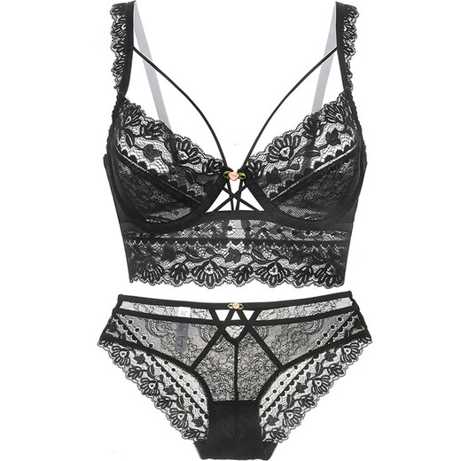 Dudant Luxury International Brand Sexy Underwear Women's Black Lace Big Breast Revealing Small Side Breasts Anti-Sagging Bra Set Black Set A Style S 32/70A (With Panties)