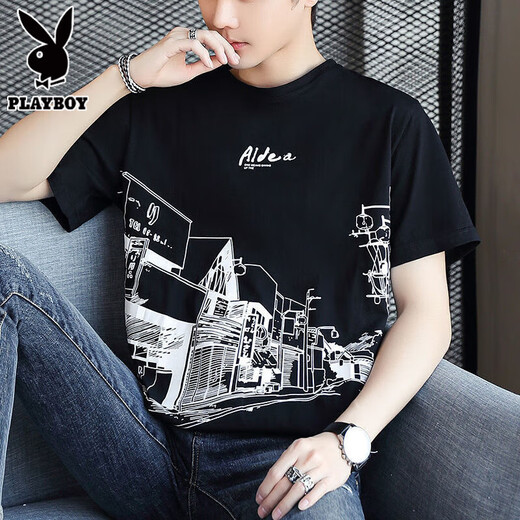 Playboy (PLAYBOY) pure cotton short-sleeved T-shirt for men 2025 new half-sleeved T-shirt loose trendy summer men's top Z829 gray 2XL [Suggested 143-158Jin [Jin equals 0.5 kg]]