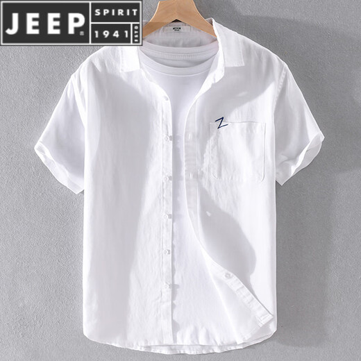 JEEP SPIRIT男士亚麻翻领短袖t恤宽松衬衫领上衣服有带领T棉麻料体恤麻布夏装 yunyi-9711蓝色 M