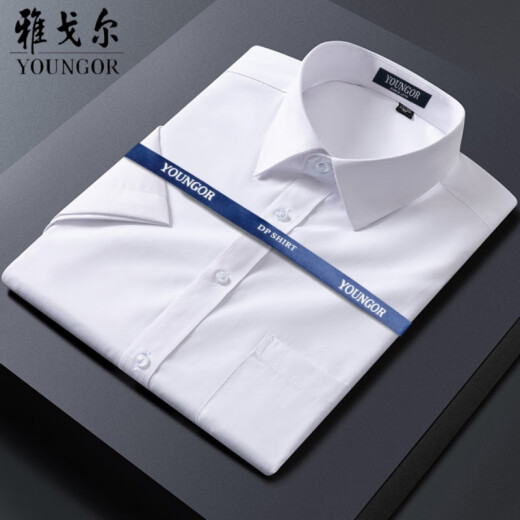 雅戈尔男士短袖衬衫商务休闲职业正装棉免烫纯色白衬衣 DX6626 蓝格子 38