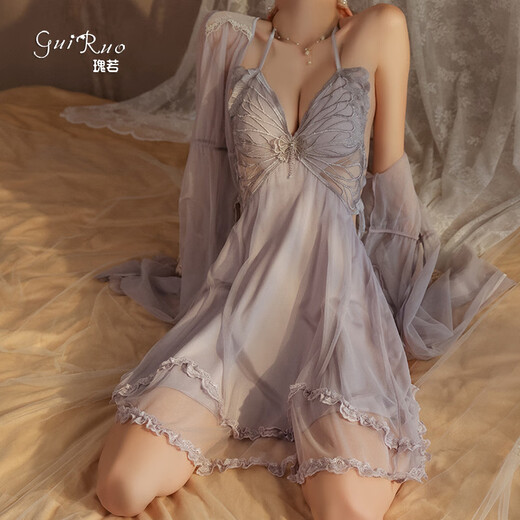 Gui Ruo (Gui Ruo) Gui Ruo sexy backless tempting mesh gauze plus breast pad butterfly suspender nightgown for women P3886 green (outer robe + belt, all size