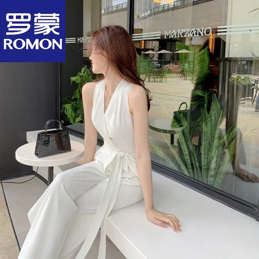 罗蒙（ROMON）2025新款韩版时尚气质裤女高腰法式无袖显瘦阔腿连体女装夏季 白色【面料】 M 建议【90-105斤】