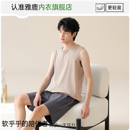 雅鹿睡衣男士纯棉夏季薄款背心无袖短袖套装亲肤透气柔软舒适家居服 13657男 L