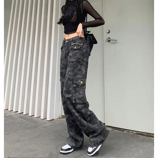 延芮美式高街工装牛仔裤女2025夏季新款显瘦迷彩宽松阔腿直筒拖地 迷彩色 BTN6623 S 【80-95斤】