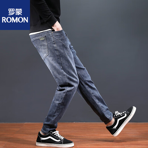 Romon Pants Men's Deal Brand 2025 Summer Fin Jeans Fashion Mass's Fashion Straight Fashion Harem pantalones Black and Gray (RJS1-2209) 34 (Espera circunferencia 2 pies 7)
