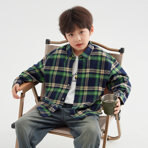 Duojia boys' shirts in spring and autumn children's casual retro lapel tops for older children handsome long-sleeved plaid shirts