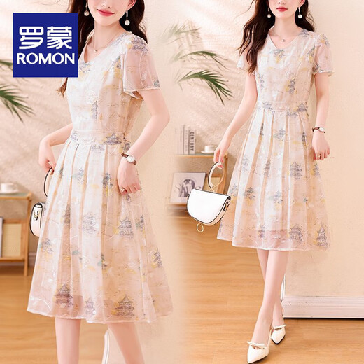 Romon (Romon) El vestido estampado de estilo chino reduce la edad y la carne de las pieles y está de moda 2025 Summer New Fashion Fashion Slim y Elegant Skirt 9797 Light Apricot Color Sigue la tienda [Envío prioritario M Recomendado 95-105Jin [Jin equivale a 0.5 kg]