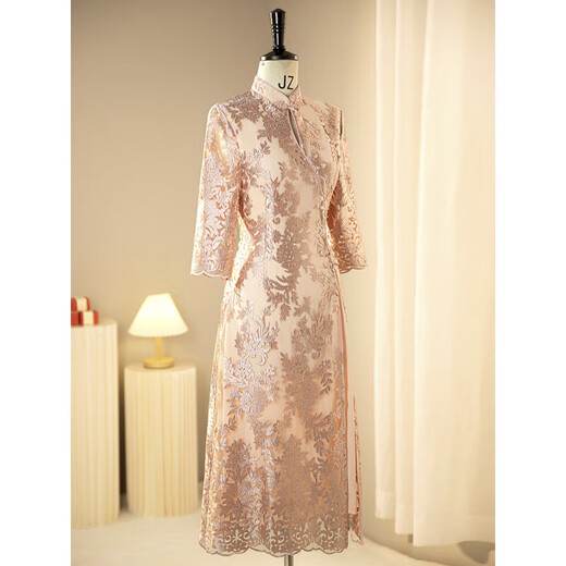 Weixuan bride wedding mother's wear high-end dress new Chinese style cheongsam high-end wedding banquet wedding mother-in-law dress champagne 2XL