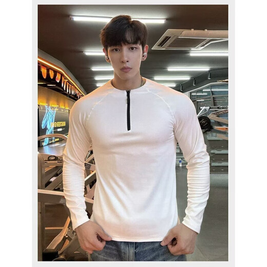 American fitness slim long-sleeved t-shirt for men in autumn new zipper sports sweatshirt for men trendy versatile tops for men dark gray XL recommended 120-140Jin Jin equals 0.5 kg
