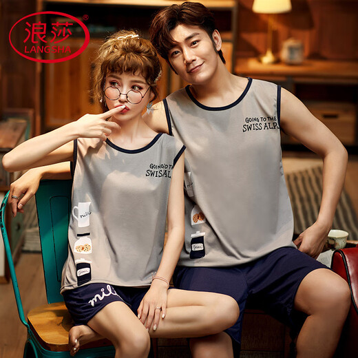 Langsha Light Luxury Summer Pure Pyjamas dünne ärmellose losen Männer und Frauenweste Schlinge große Home-Kleidung WJ9856 Ya Weste Set M Damen 75-95jin [Jin gleich 0,5 kg]