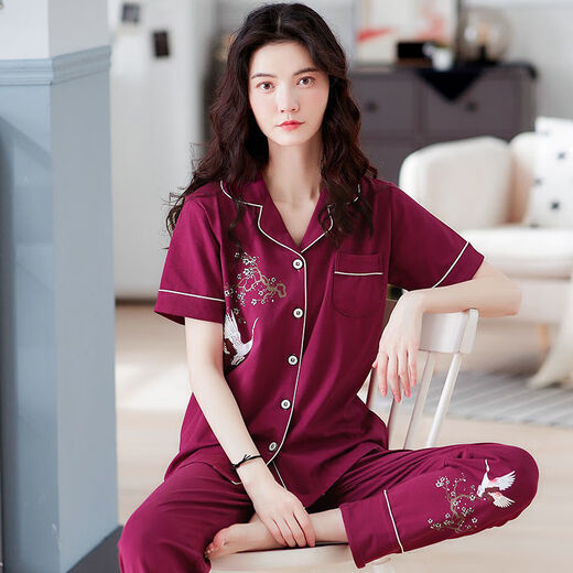 Pyjamas d'âge moyen de beauté urbaine pour femmes en été pure coton pantalon à manches courtes cardigan mère florale style mère lâche d'âge moyen et de maison âgée Q9922 # m (recommandé 80-105jin [Jin est égal à 0,5 kg] à porter)